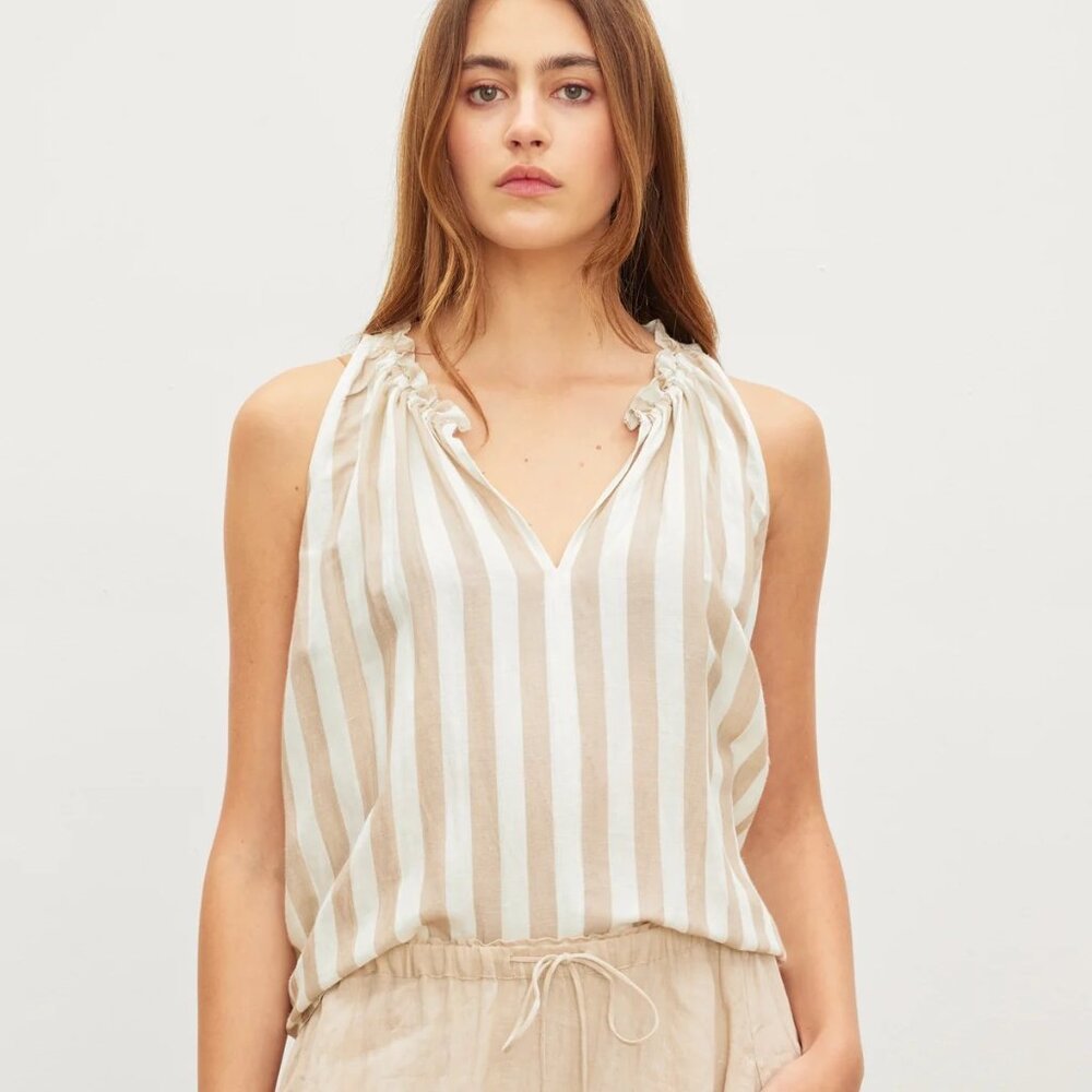 NWT Velvet by Graham & Spencer Erica Striped Linen Tank Top Khaki/White XS